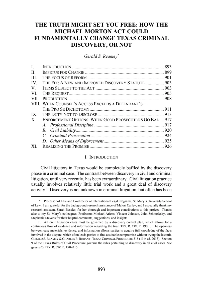 First page of The Truth Might Set You Free: How the Michael Morton Act Could Fundamentally Change Texas Criminal Discovery, or Not