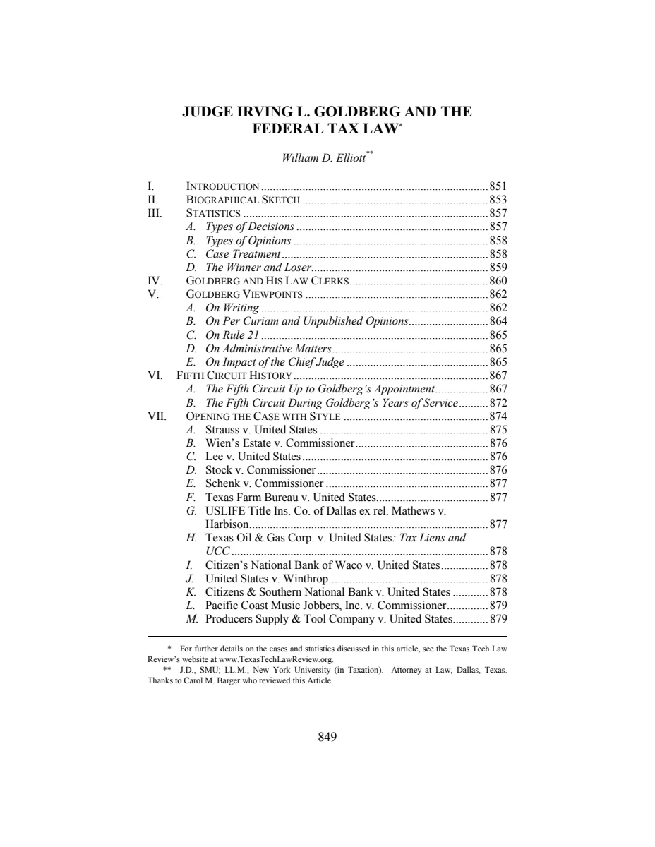 First page of Judge Irving L. Goldberg and the Federal Tax Law