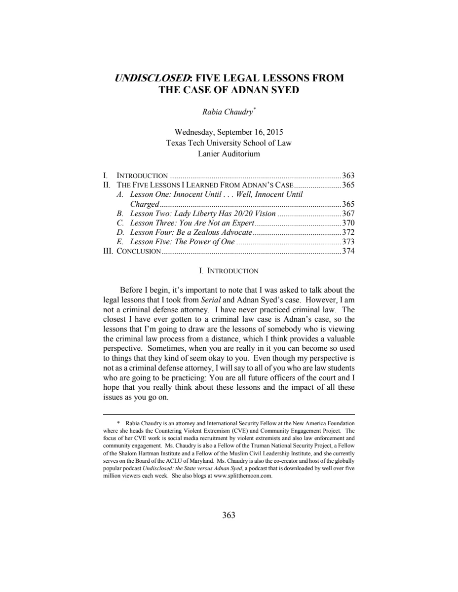 First page of Undisclosed: Five Legal Lessons from the Case of Adnan Syed