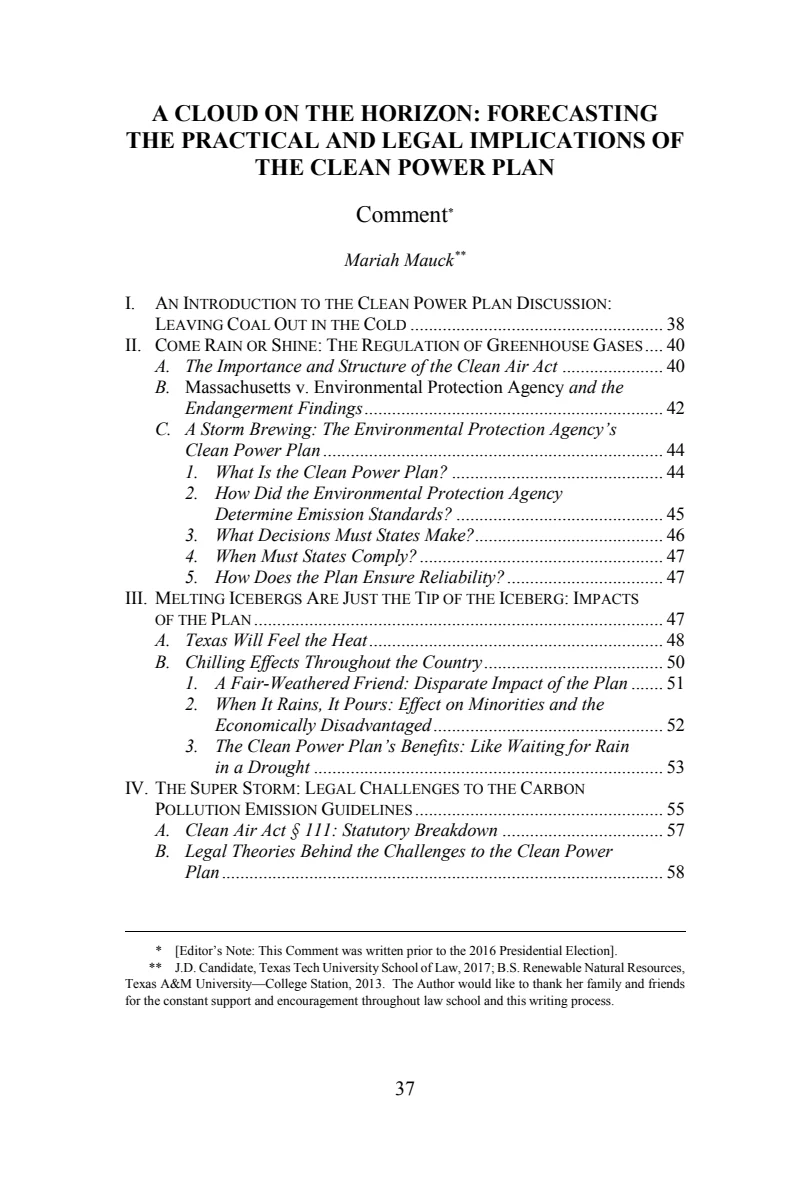 First page of A Cloud on the Horizon: Forecasting the Practical and Legal Implications of the Clean Power Plan