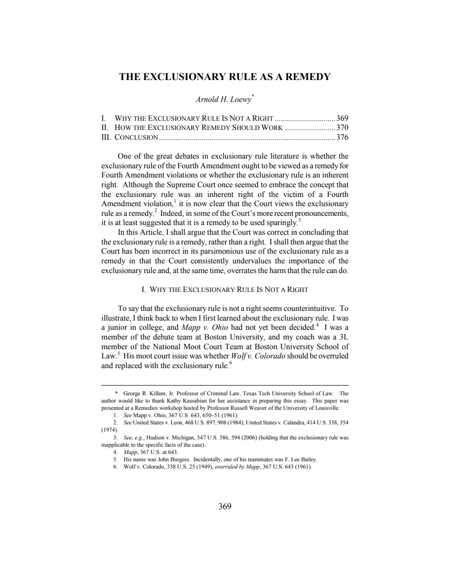 First page of The Exclusionary Rule as a Remedy