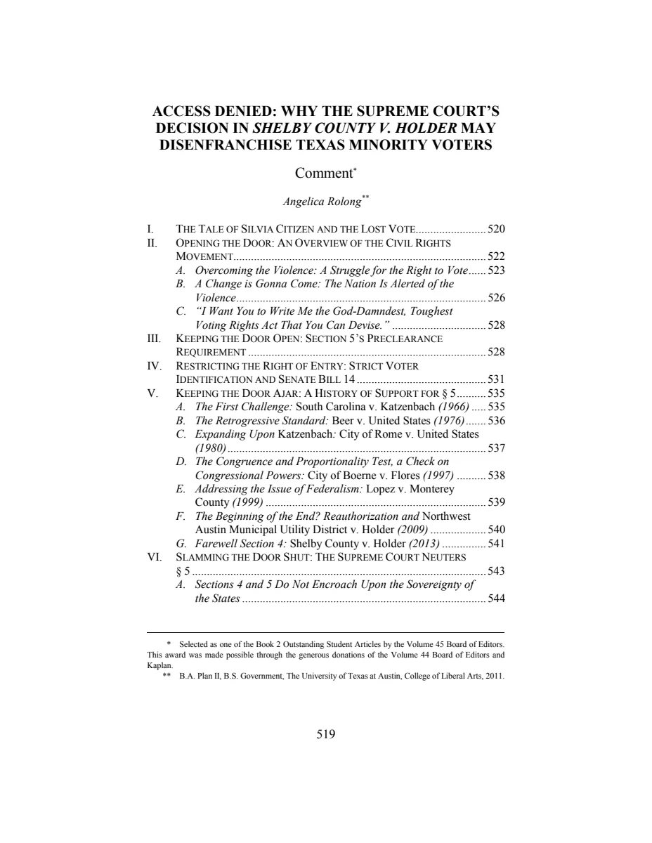 First page of Access Denied: Why the Supreme Court's Decision in Shelby County v. Holder May Disenfranchise Texas Minority Voters