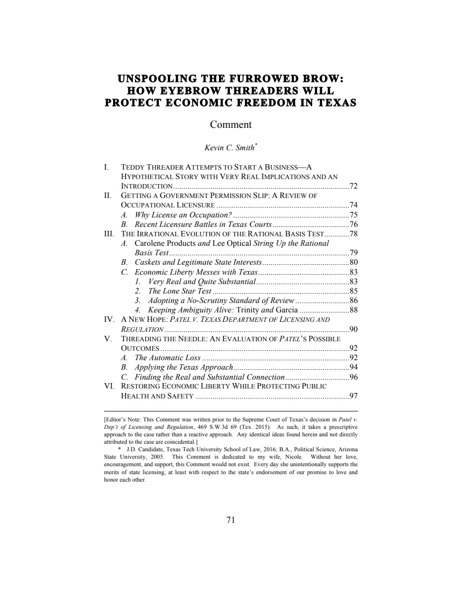 First page of Unspooling the Furrowed Brow: How Eyebrow Threaders Will Protect Economic Freedom in Texas