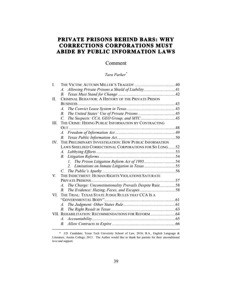 First page of Private Prisons Behind Bars: Why Corrections Corporations Must Abide by Public Information Laws