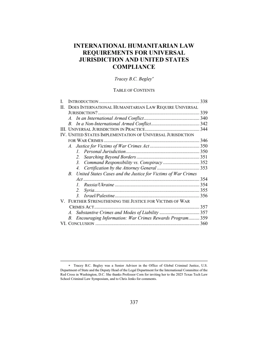 First page of International Humanitarian Law Requirements For Univeral Jurisdiction and United States Compliance