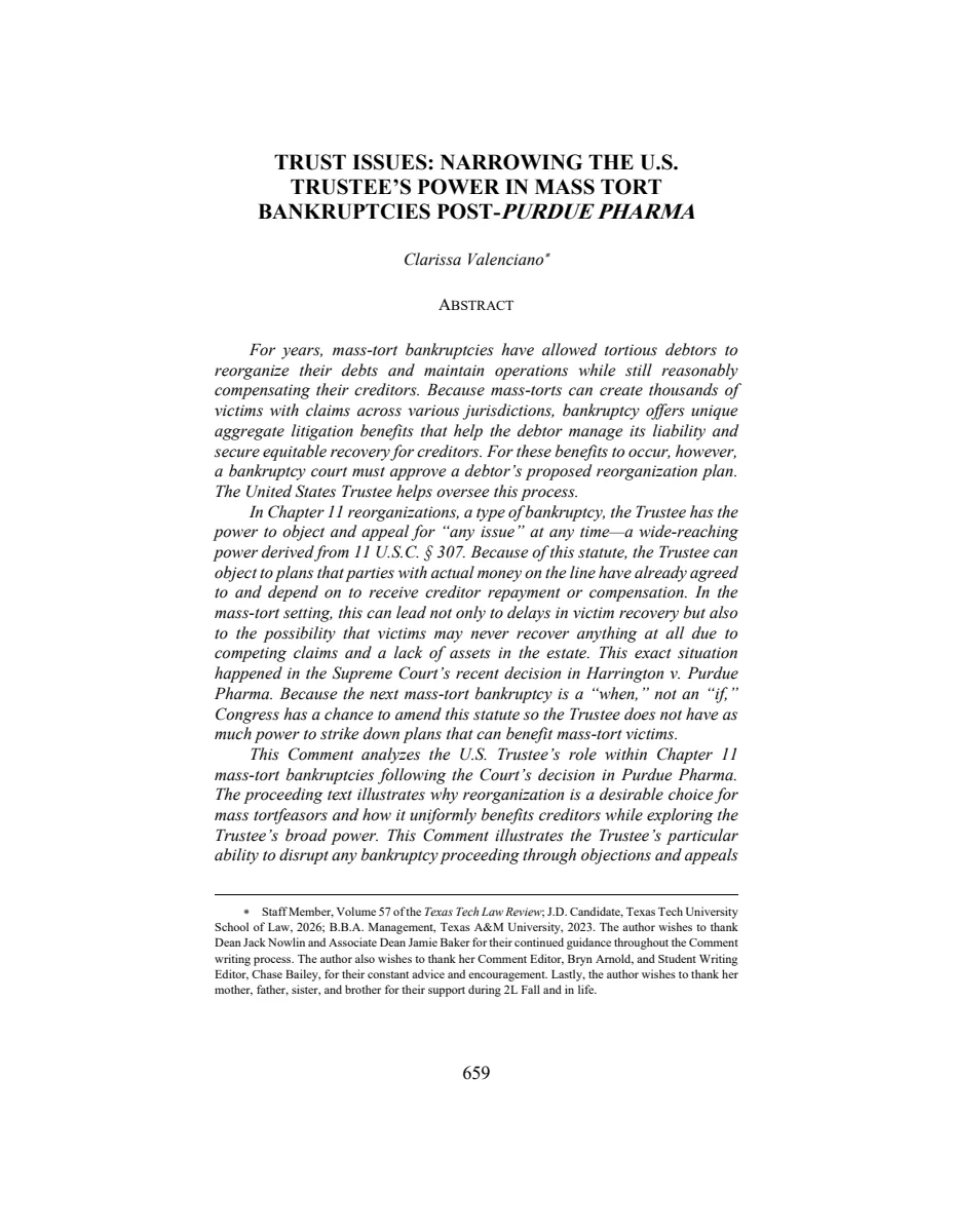 First page of Trust Issues: Narrowing the U.S. Trustee's Power in Mass Tort Bankruptcies Post- Purdue Pharma