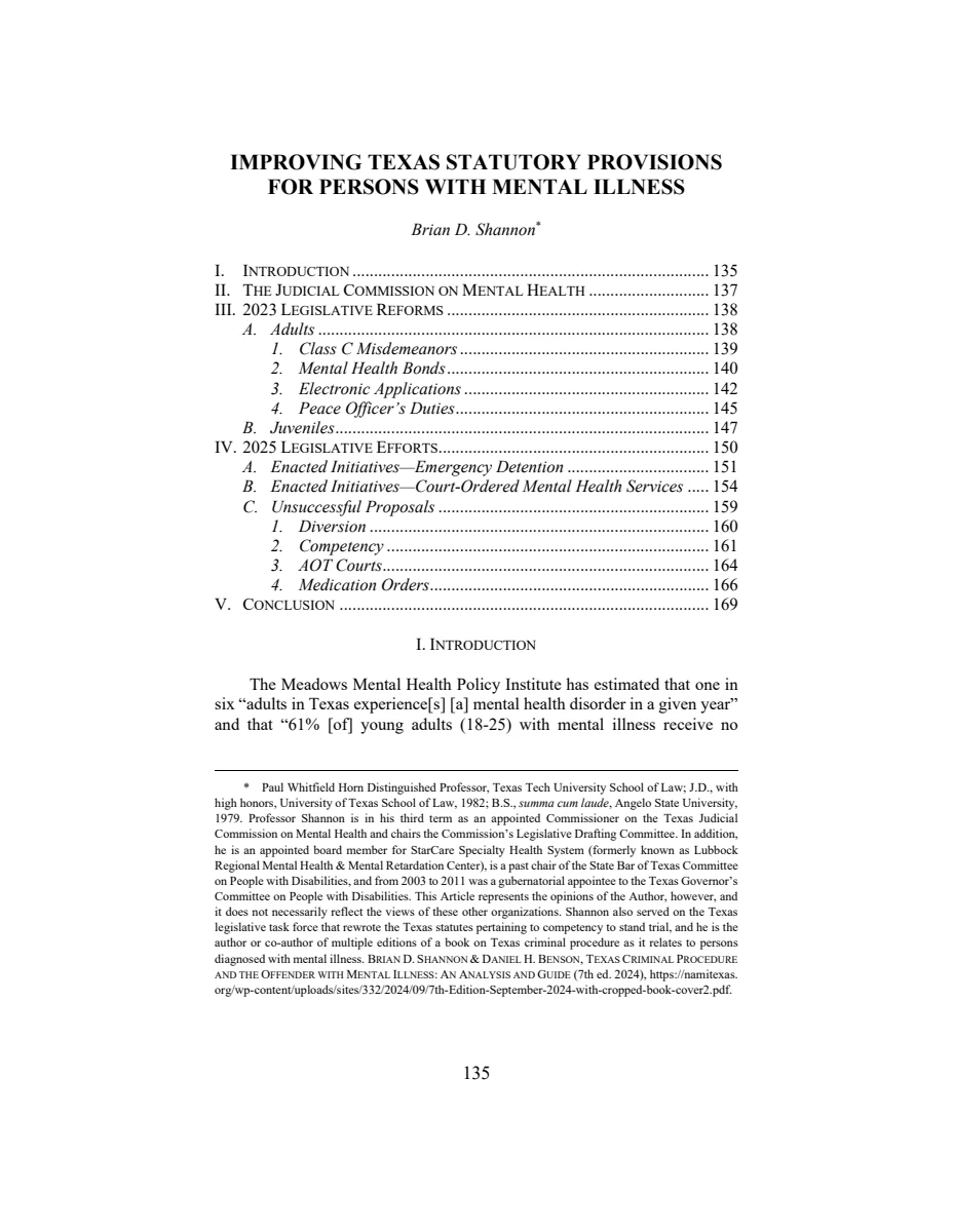 First page of Improving Texas Statutory Provisions for Persons with Mental Illness