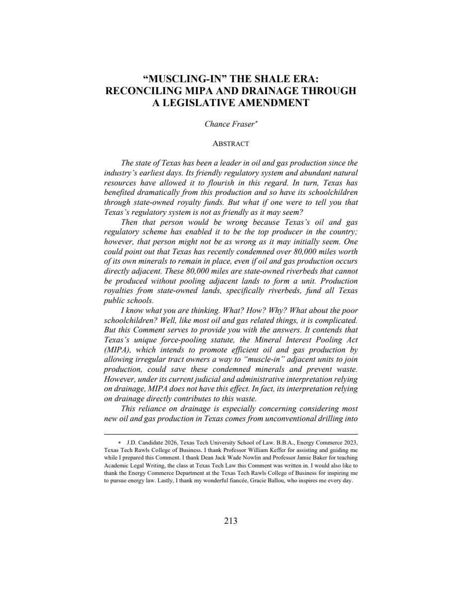 First page of "Muscling-In" the Shale Era: Reconciling MIPA and Drainage Through a Legislative Amendment