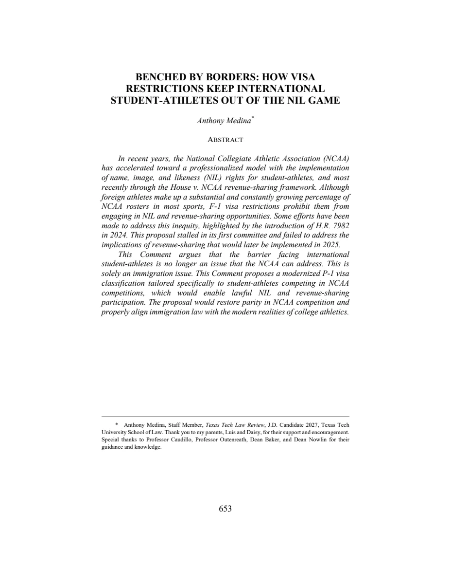 First page of Benched By Borders: How Visa Restrictions Keep International Student-Athletes Out of the NIL Game