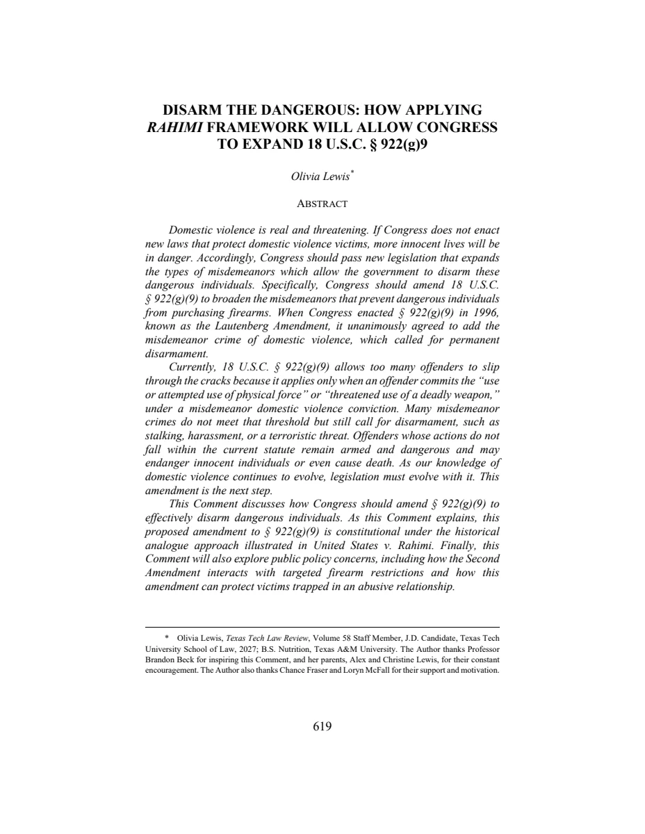 First page of Disarm the Dangerous: How Applying Rahimi Framework Will Allow Congress To Expand 18 U.S.C. § 922(g)9
