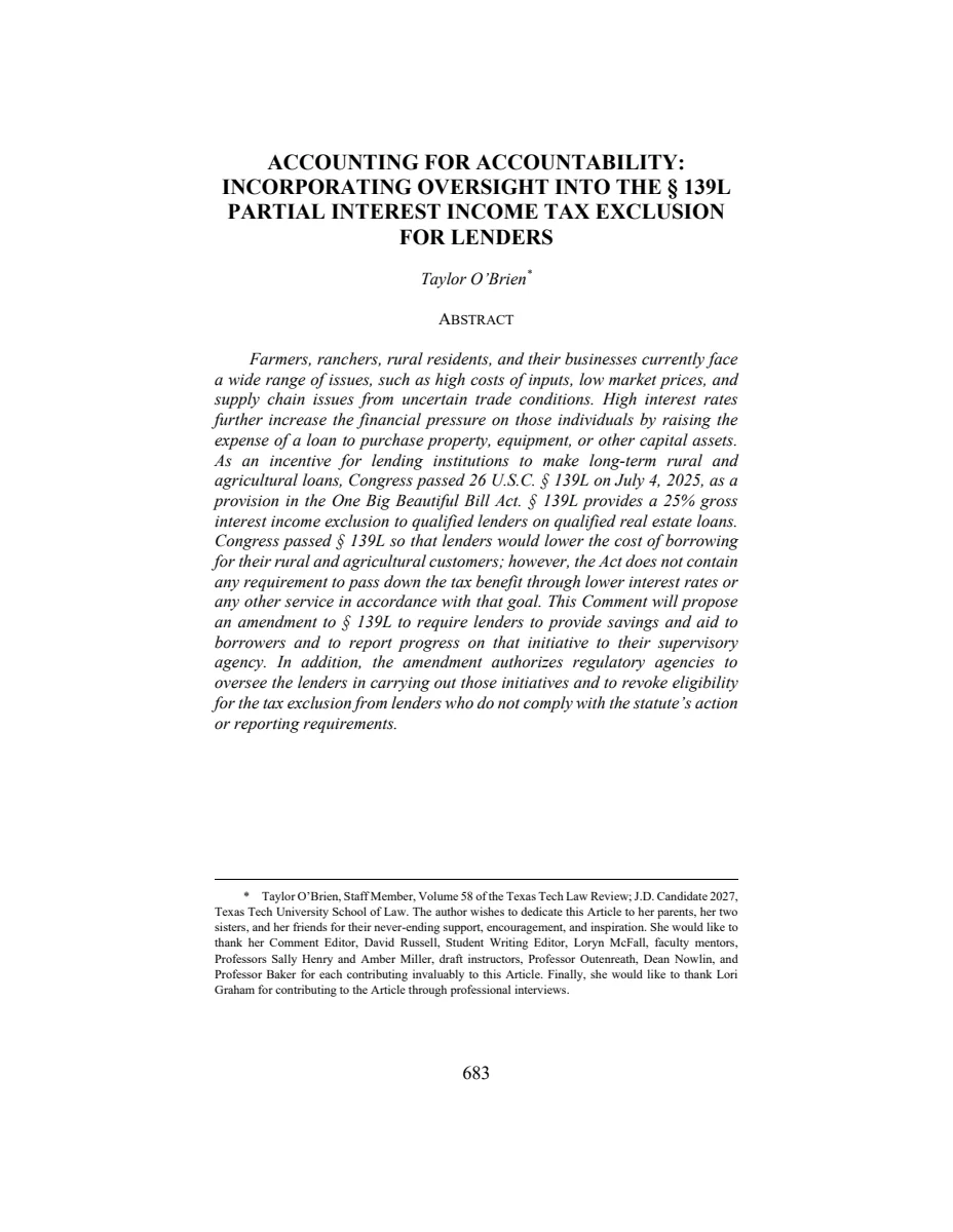 First page of Accounting For Accountability: Incorporating Oversight Into the § 139L Partial Interest Income Tax Exclusion For Lenders