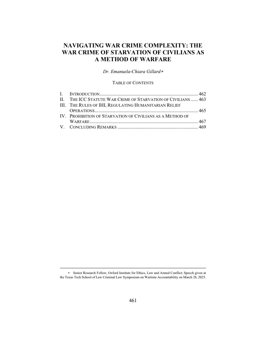 First page of Navigating War Crime Complexity: The War Crime of Starvation of Civilians as a Method of Warfare