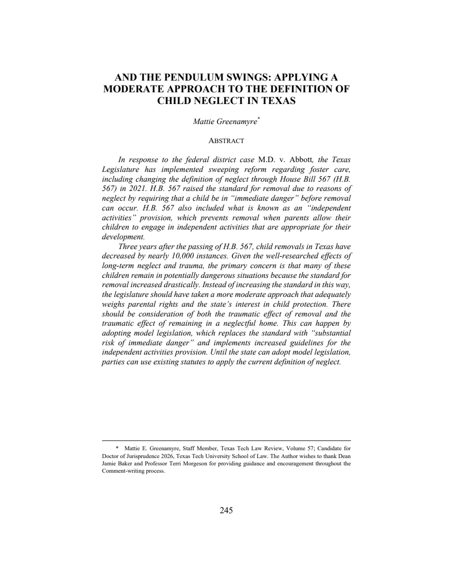 First page of And the Pendulum Swings: Applying a Moderate Approach to the Definition of Child Neglect in Texas