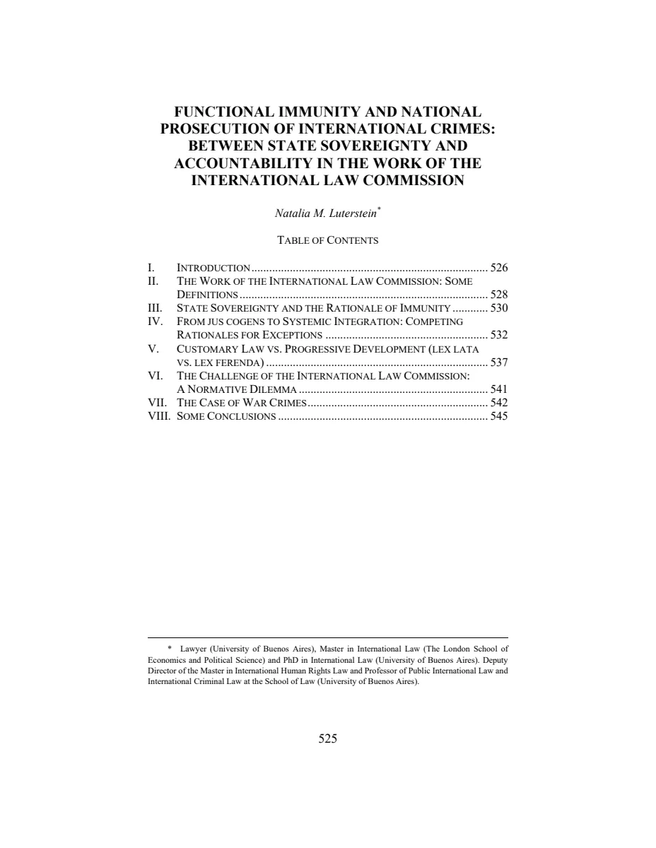 First page of Functional Immunity and National Prosecution of International Crimes: Between State Sovereignty and Accountability in the Work of the International Law Commission