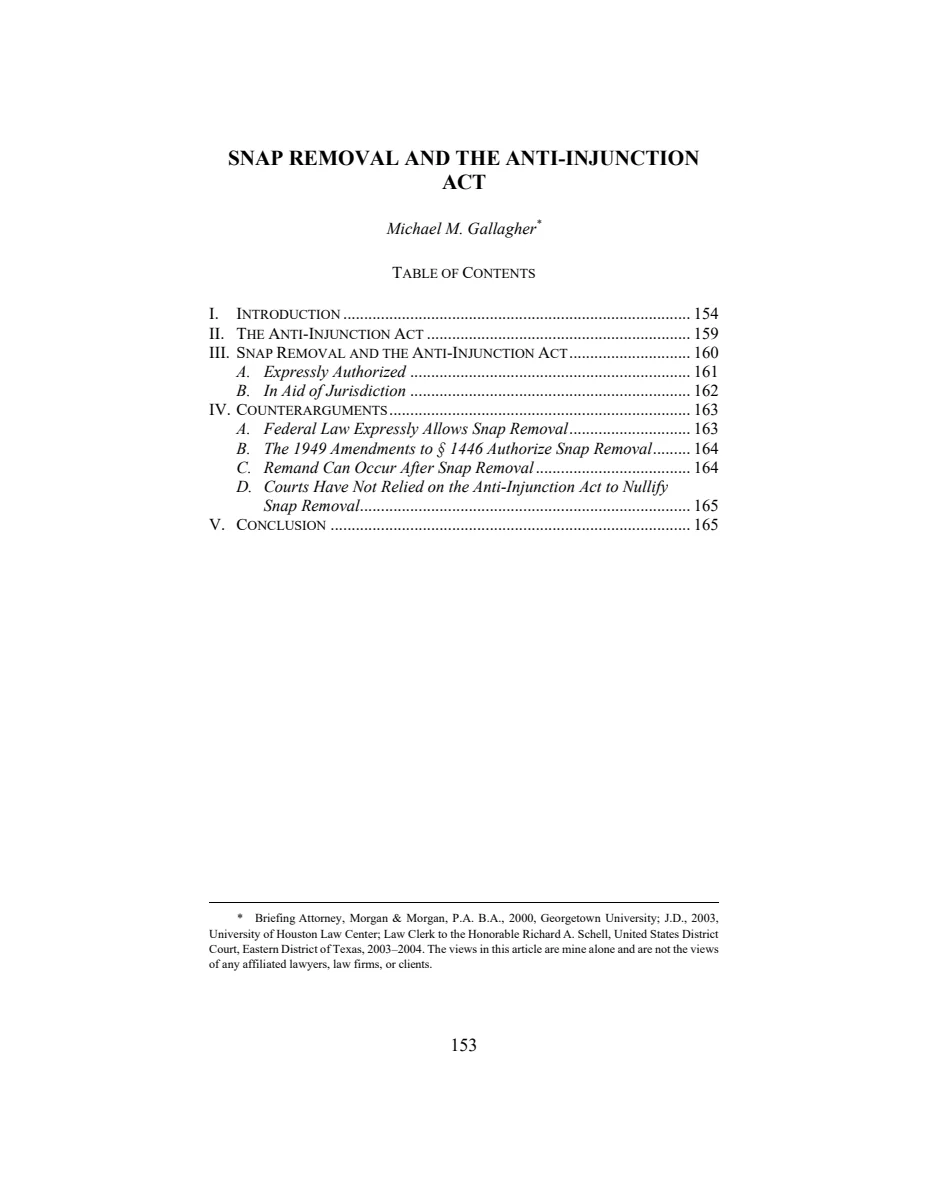 First page of Snap Removal and the Anti-Injunction Act