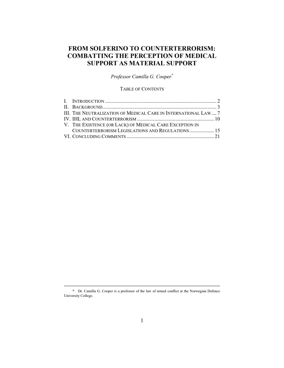 First page of From Solferino to Counterterrorism: Combatting the Perception of Medical Support as Material Support