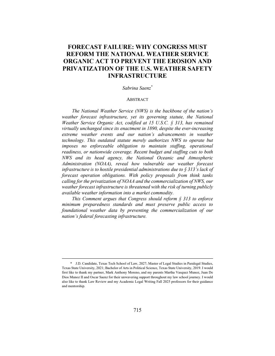 First page of Forecast Failure: Why Congress Must Reform the National Weather Service Organic Act to Prevent the Erosion and Privatization of the US Weather Safety Infrastructure