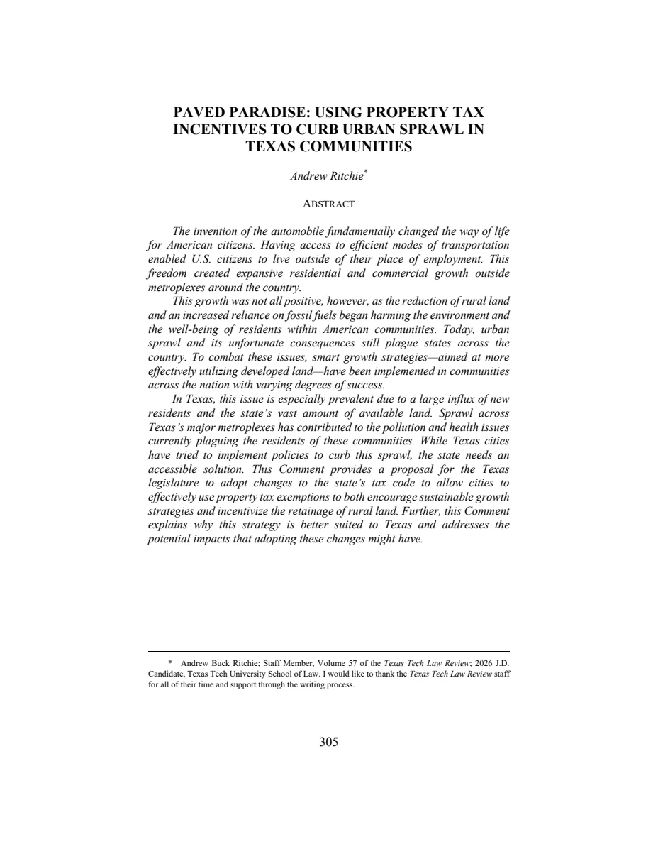 First page of Paved Paradise: Using Property Tax Incentives to Curb Urban Sprawl in Texas Communities
