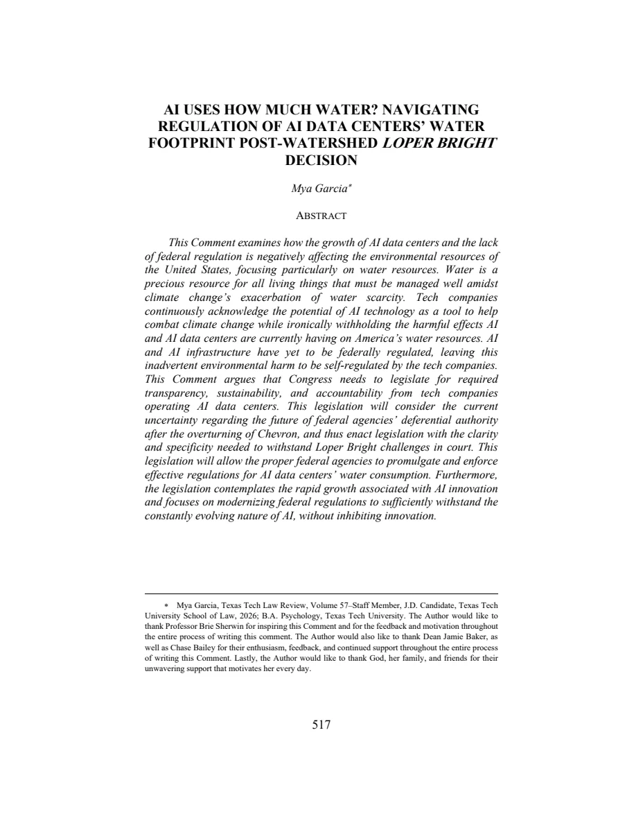 First page of AI Uses How Much Water? Navigating Regulation of AI Data Centers' water Footprint Post-Watershed Loper Bright Decision