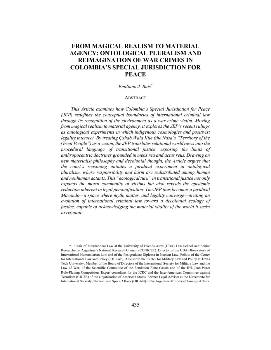 First page of From Magical Realism To Material Agency: Ontological Pluralism And Reimagination of War Crimes in Colombia's Special Jurisdiction for Peace