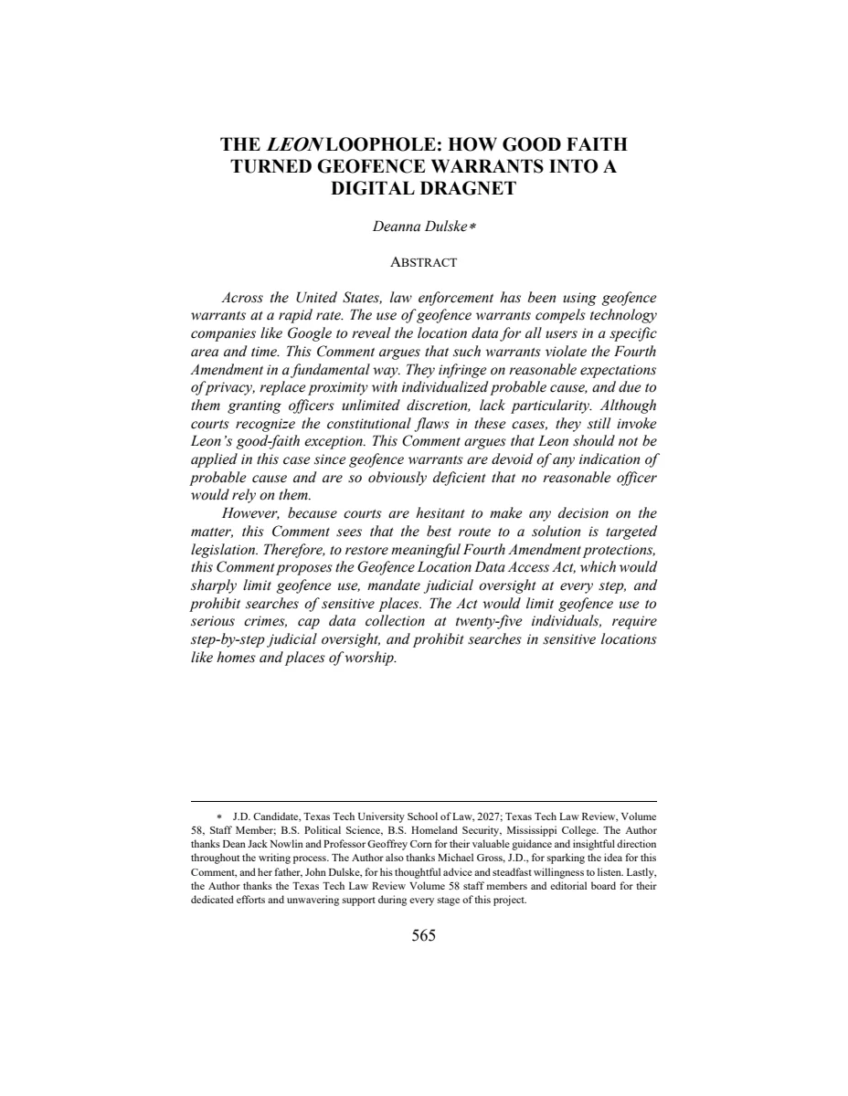First page of The Leon Loophole: How Good Faith Turned Geofence Warrants Into a Digital Dragnet