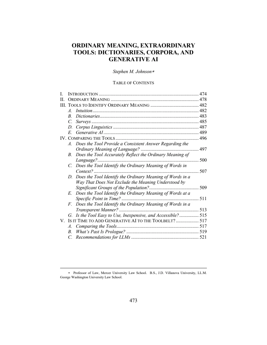 First page of Ordinary Meaning, Extraordinary Tools: Dictionaries, Corpora, and Generative AI