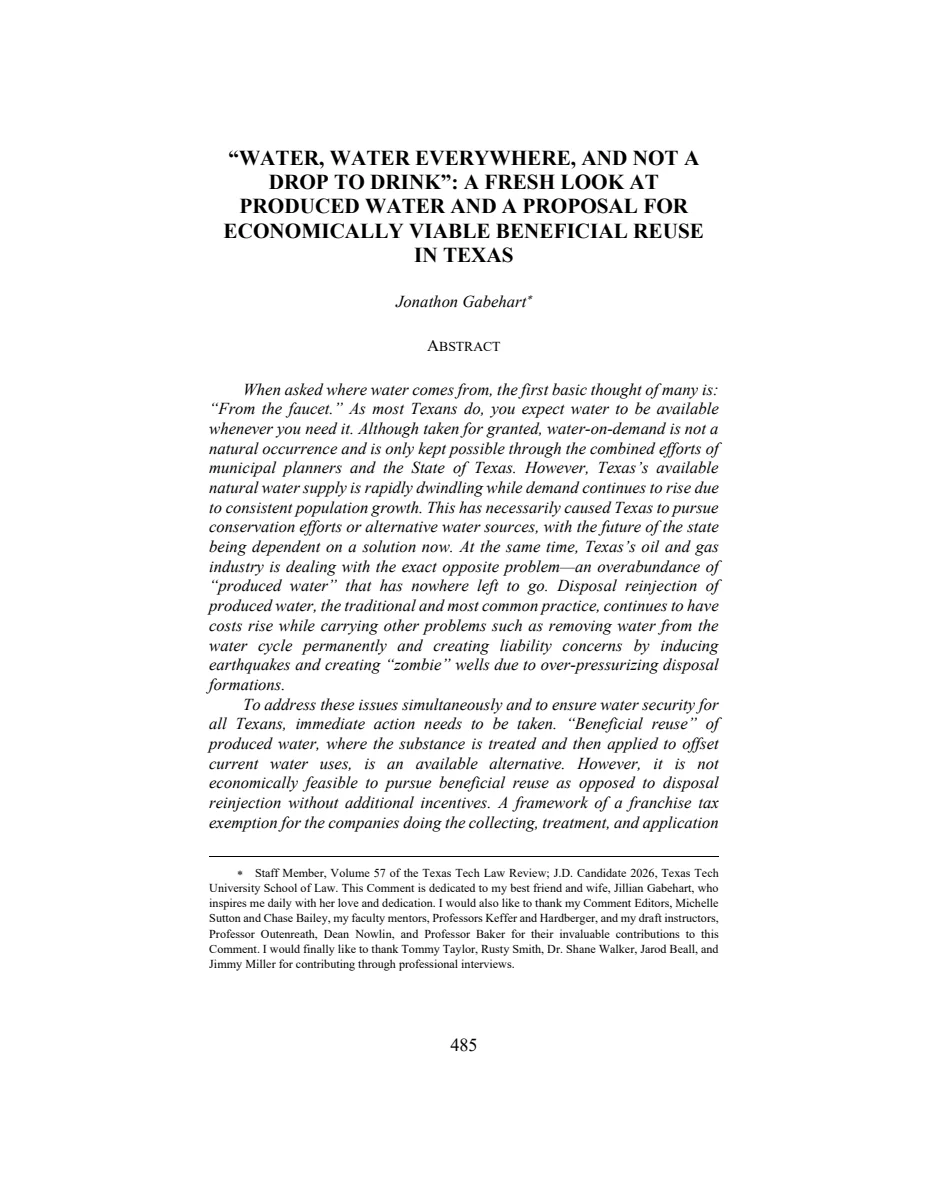 First page of "Water, Water Everywhere, and Not a Drop to Drink": A Fresh Look at Produced Water and a Proposal for Economically Viable Beneficial Reuse in Texas