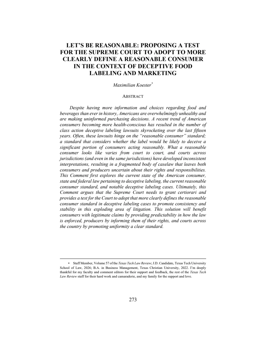 First page of Let's be Reasonable: Proposing a Test for the Supreme Court to Adopt to More Clearly Define a Reasonable Consumer in the Context of Deceptive Food Labeling and Marketing