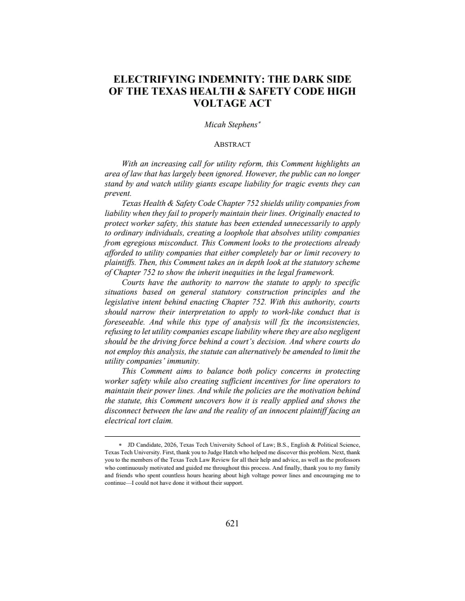 First page of Electrifying Indemnity: The Dark Side of the Texas Health & Safety Code High Voltage Act